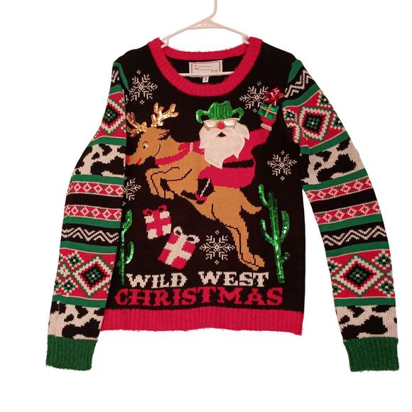 Derek Heart Christmas Sweater Cowboy Santa Riding a Reindeer Wild West size Med - Picture 1 of 9